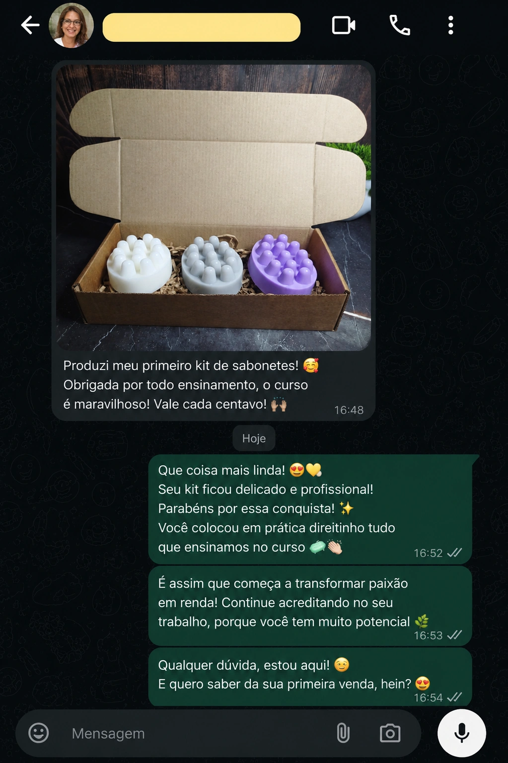 Conversa de aluna do Saponaria Brasil mostrando seu primeiro kit de sabonetes