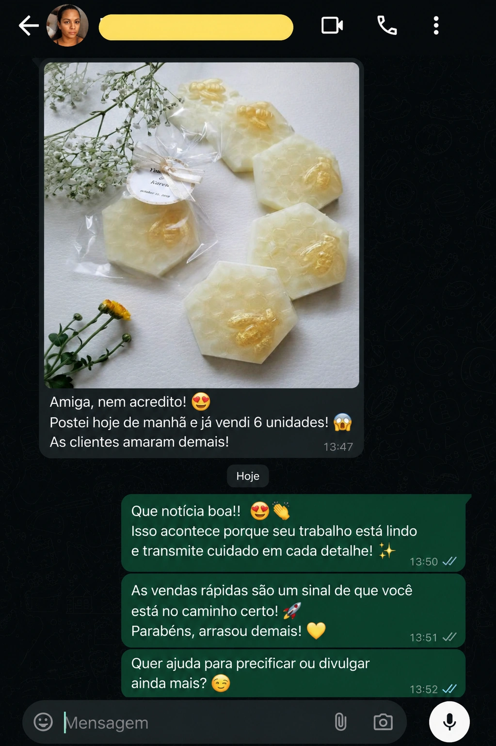 Conversa de aluna do Saponaria Brasil mostrando sabonetes de mel vendidos