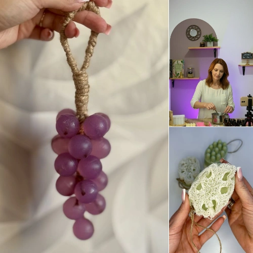 Sabonete em formato de cacho de uva, Viviane Dornelles gravando aula e sabonete com bucha vegetal feitos com a mesma base glicerinada